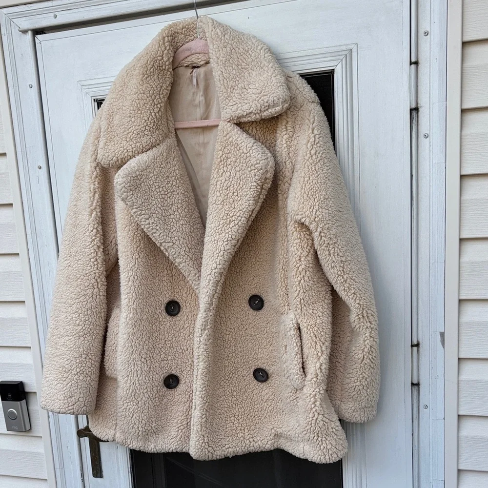 Free People Ladies Cream Sherpa Jacket-M - Picture 2 of 9